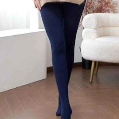 Plus Size Women Navy Blue Comfort Fleece Footed Fur Stocking Winter Wear Extra Warm, Woolen High Waisted Lined Thigh Highs