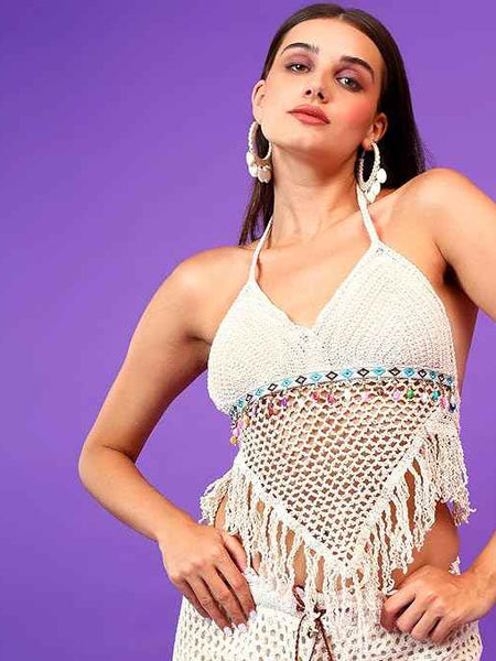 Brachy Backless Tassels Knit Beach Lace up Top Knit Camisole Bra Crochet Halter Top