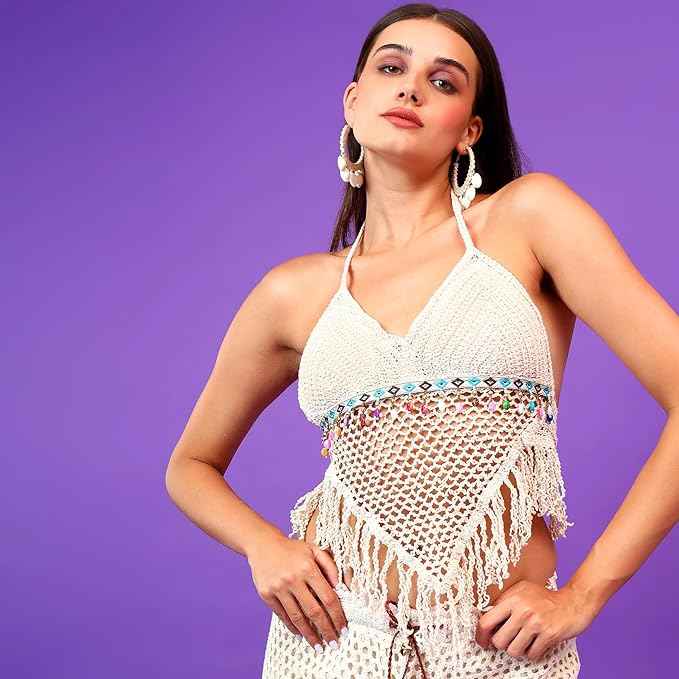 Brachy Backless Tassels Knit Beach Lace up Top Knit Camisole Bra Crochet Halter Top
