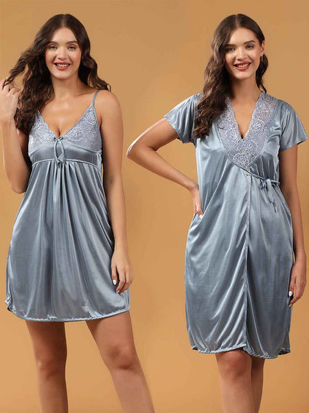 Women 2 Pieces Bridal Grey Satin lace Self Design Night Wear Lingerie Babydoll Set