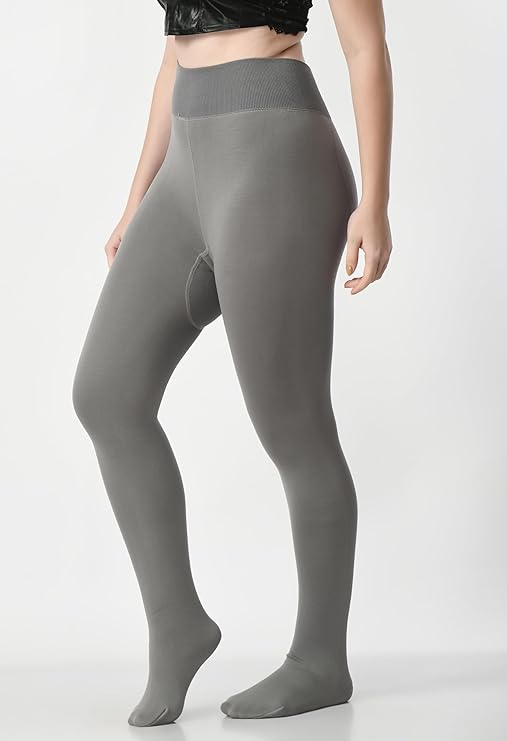 "Women Grey Solid Footed Thermal Bottom Thick Fur Thermal Tights Stockings - Brachy"
