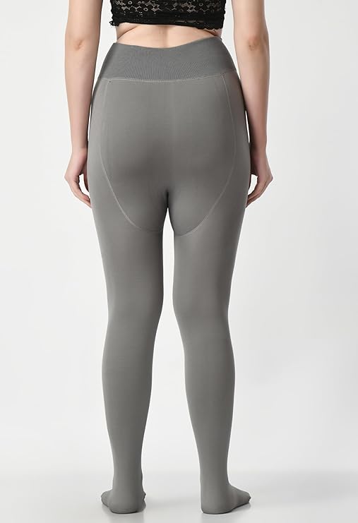 "Women Grey Solid Footed Thermal Bottom Thick Fur Thermal Tights Stockings - Brachy"