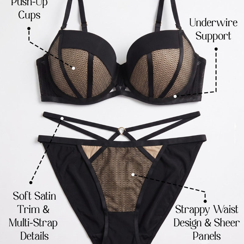 Demi Cup Black Padded Underwired Bra & Brief Set