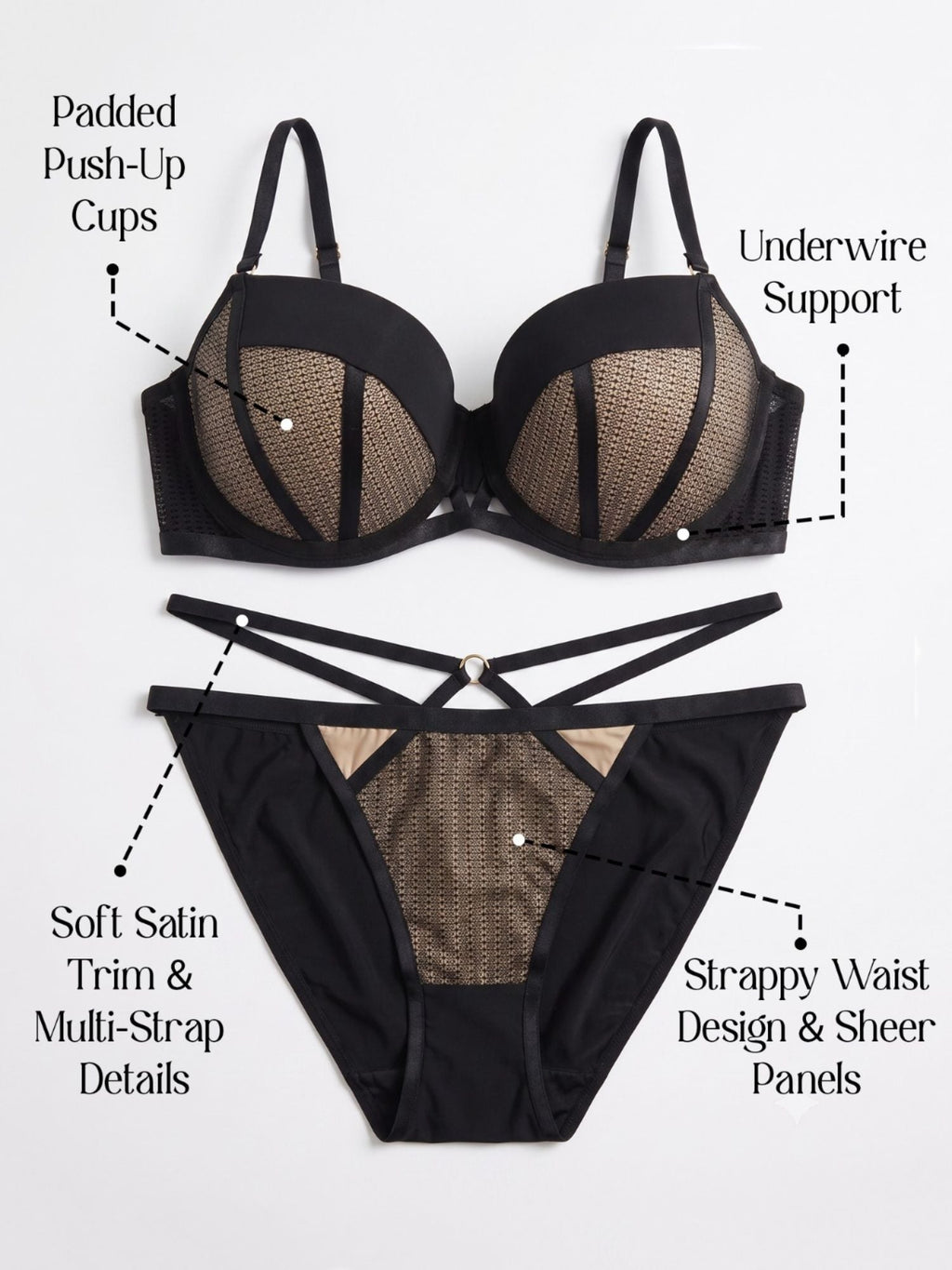 Demi Cup Black Padded Underwired Bra & Brief Set