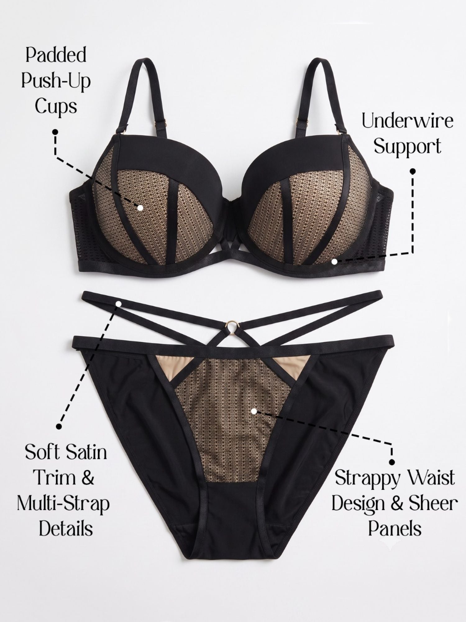 Demi Cup Black Padded Underwired Bra & Brief Set