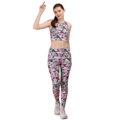 SOIE Woman - Quick-Dry Printed Sleeveless Crop Top & High-Waist Legging Set - Athleisure Set -for Women
