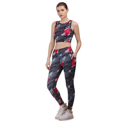 SOIE Woman - Quick-Dry Printed Sleeveless Crop Top & High-Waist Legging Set - Athleisure Set -for Women