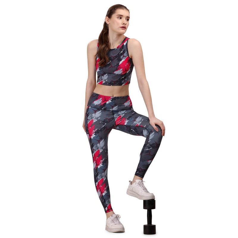 SOIE Woman - Quick-Dry Printed Sleeveless Crop Top & High-Waist Legging Set - Athleisure Set -for Women