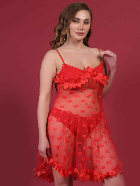 Brachy Women Red Plus Size Self Design Shoulder Straps Lace Baby Doll