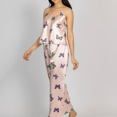 Light Pink Satin Butterfly Print Camisole & Pajama Set