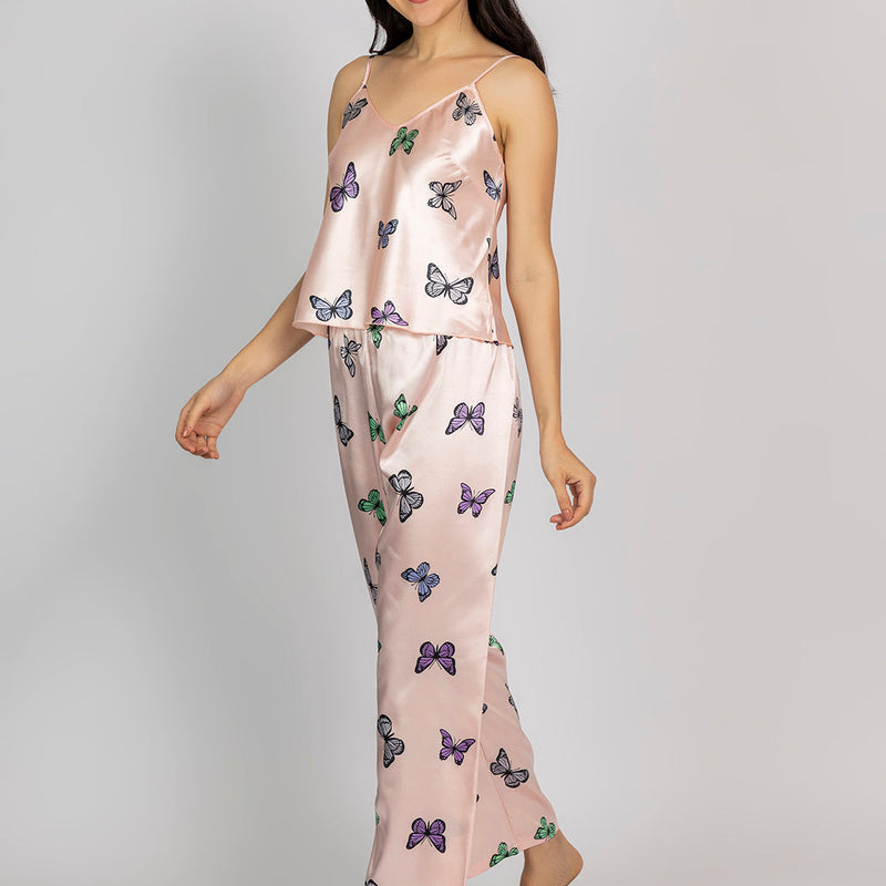 Light Pink Satin Butterfly Print Camisole & Pajama Set