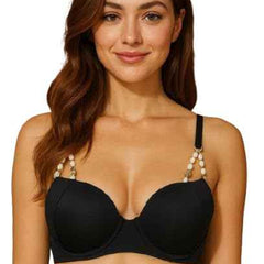 Brachy Women's Push Padded Bra Adjustable Straps Golden And White Pearl Chain Bra Panty Set