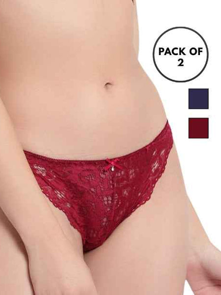 Set Of 2 Blue & Maroon Mid-Rise Net Self Design Panties Bikini Briefs