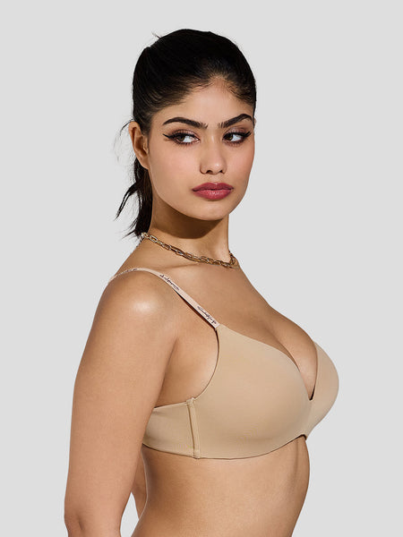 MAROON Velour Lift Find My Skin Tone Seamless Padded Plunge Deeper Cleavage Signature Straps Women Everyday T-Shirt Bra - Caramel