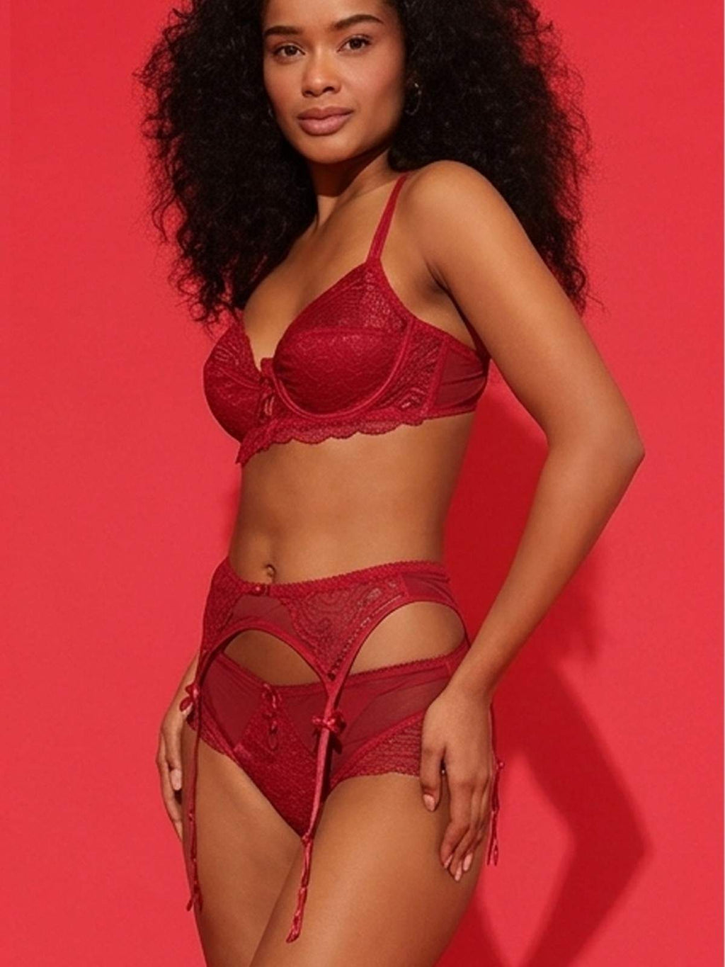 Red Lace Garter Belt with Sheer Panels