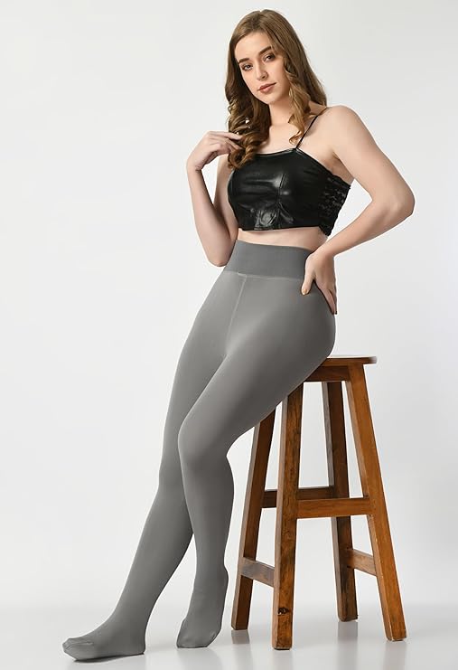 "Women Grey Solid Footed Thermal Bottom Thick Fur Thermal Tights Stockings - Brachy"