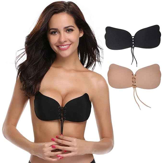 Brachy Pack Of 2 Black And Nude Women Self-Adhesive Strapless Push-Up Silicone Plunge Bra