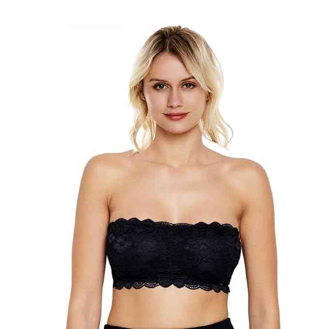 Women Lace Full Coverage Padded Non-Wired Tube Bandeau Bra