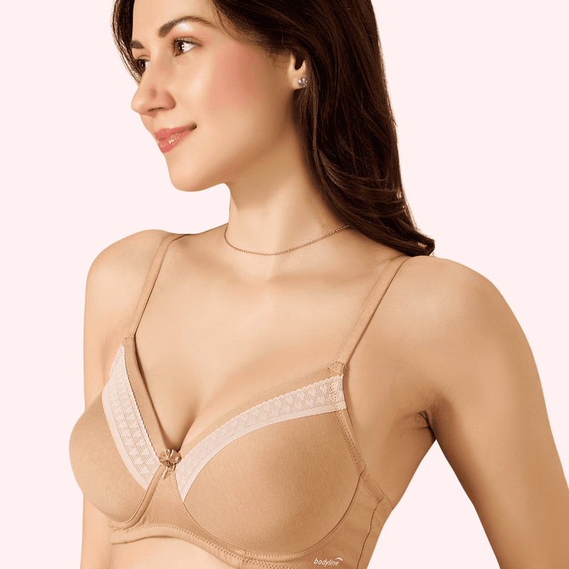 Valentine Cotton Bra – Lightly Padded, Wire-Free, Seamless Full Coverage T-Shirt Bra with Lace Trim