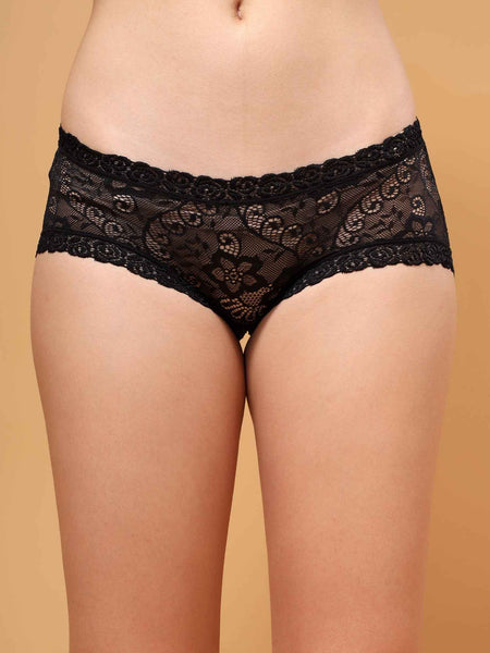 Women Front Lace Net Back Cotton Mid-Waist Hipster Panties