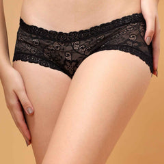 Women Front Lace Net Back Cotton Mid-Waist Hipster Panties