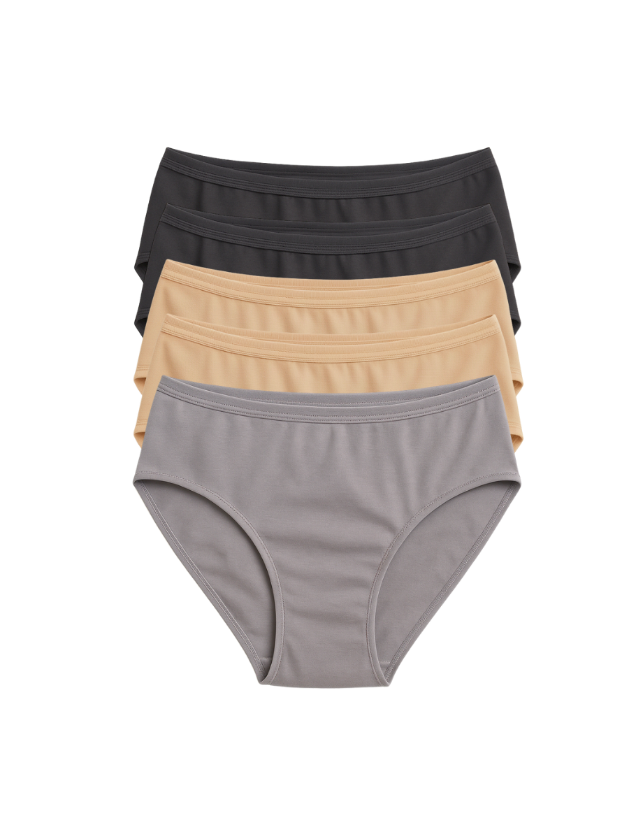 Mid Waist Hipster Panty With Outer Elastic Bundle Of 5 - ( Grey, 2 Black & 2 Beige)