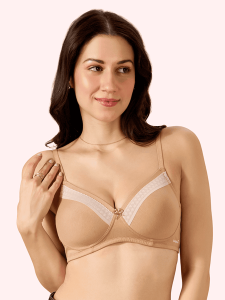 Valentine Cotton Bra – Lightly Padded, Wire-Free, Seamless Full Coverage T-Shirt Bra with Lace Trim