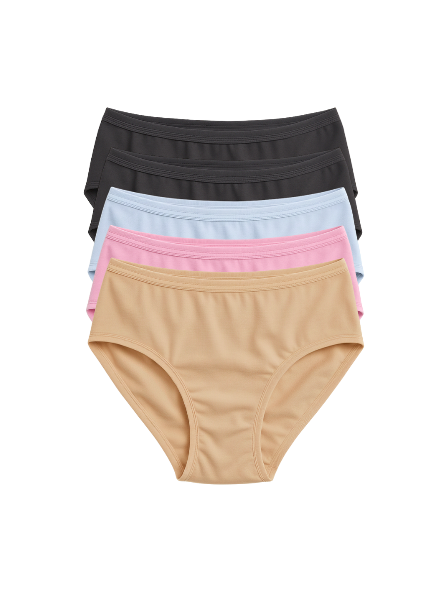 Mid Waist Hipster Panty With Outer Elastic Bundle Of 5 - ( Baby Pink, Sky Blue, 2 Black & Beige)