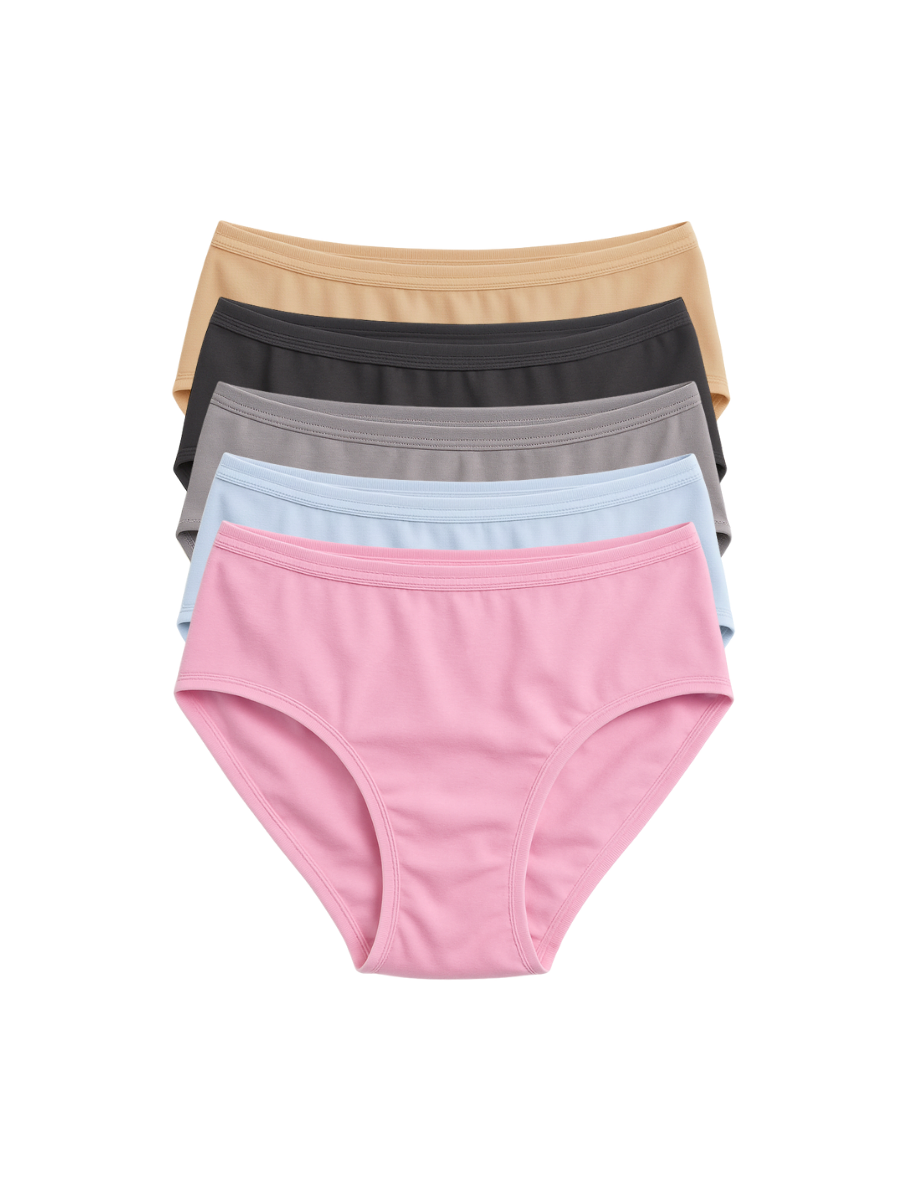 Mid Waist Hipster Panty With Outer Elastic Bundle Of 5 - (Baby Pink, Sky Blue, Ash Grey, Black & Beige)