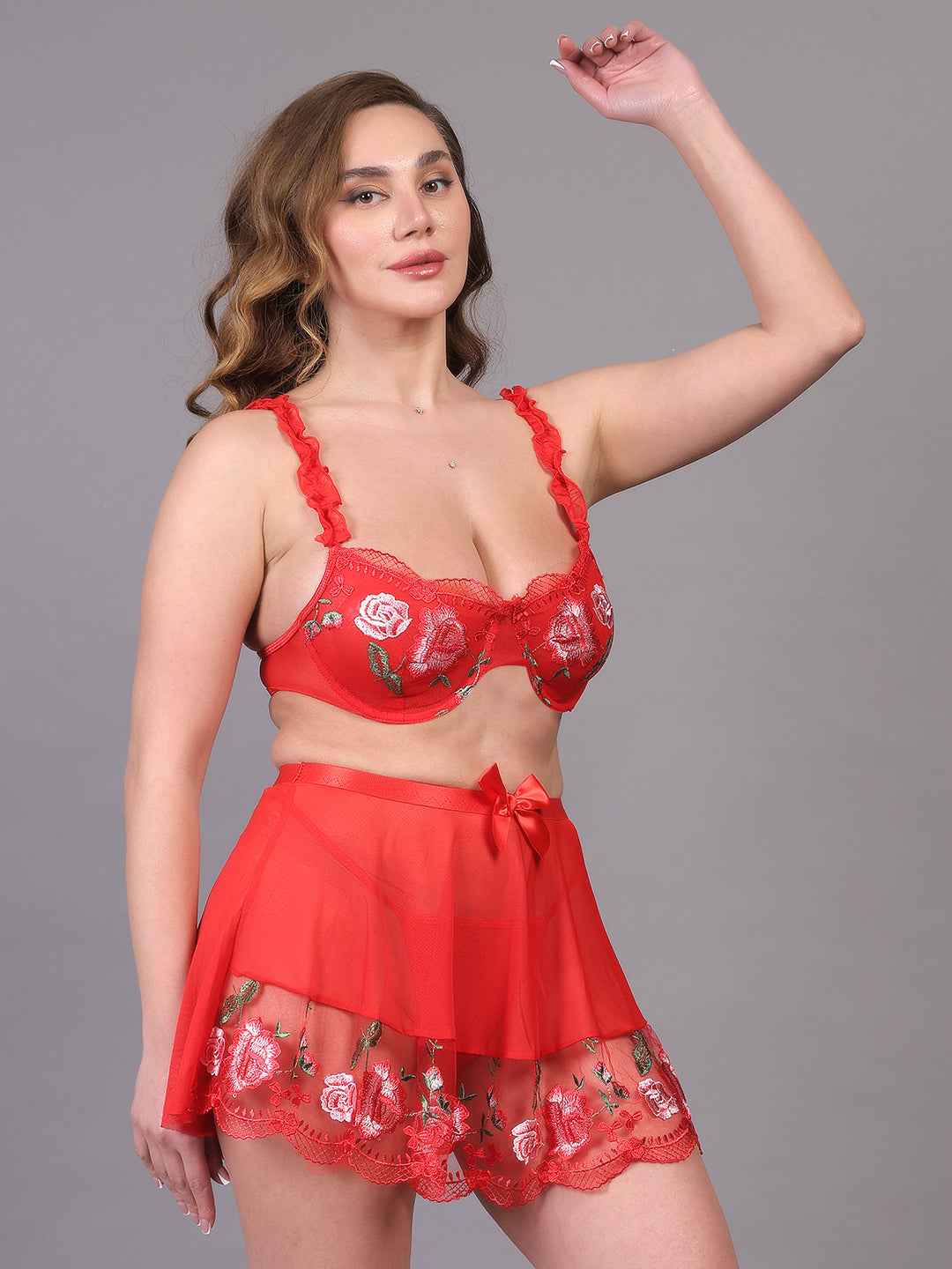 Brachy Women Hot Red Valentines Self Design Nightwear Baby Doll Lingerie