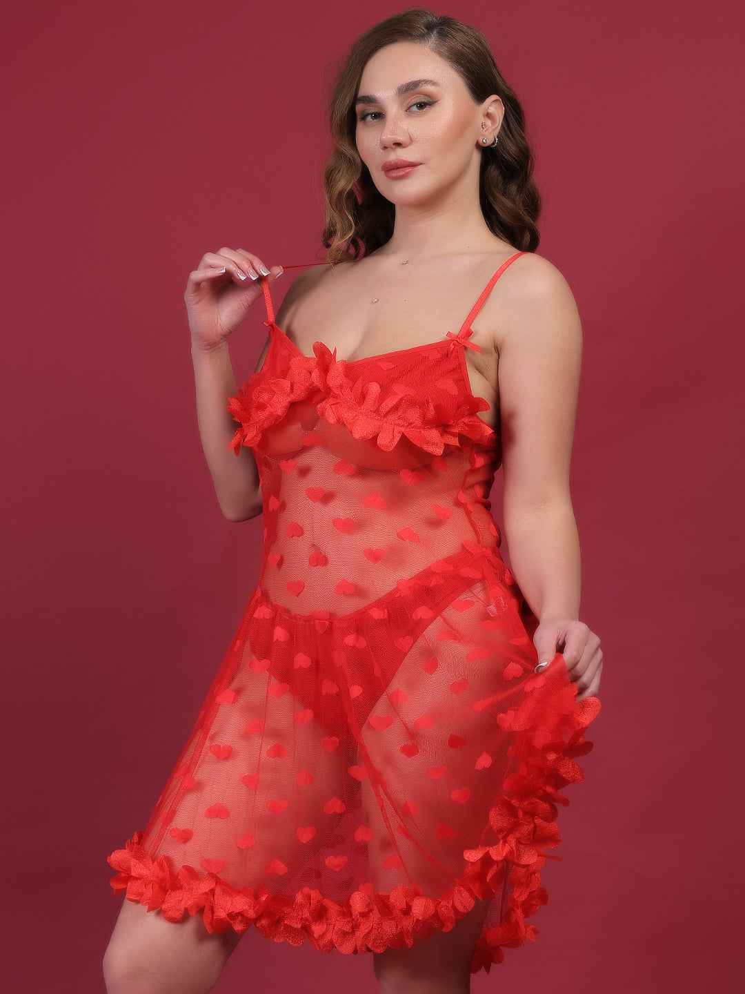 Brachy Women Red Plus Size Self Design Shoulder Straps Lace Baby Doll