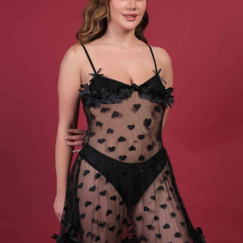 Brachy Women Black Plus Size Self Design Shoulder Straps Lace Baby Doll