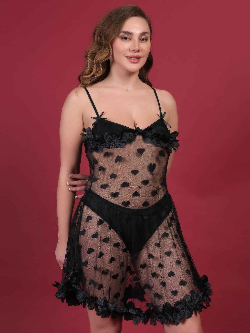 Brachy Women Black Plus Size Self Design Shoulder Straps Lace Baby Doll