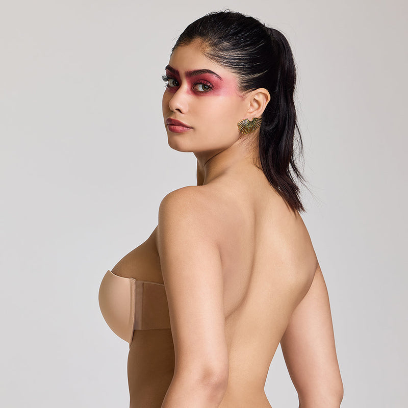 MAROON Free Transparent Belt Strapless Seamless Silicone Invisible Bra Breast Lifting Dress Half Coverage Nylon Lightly Padded Transparent Back Underwire Stick-on Bra. Nude