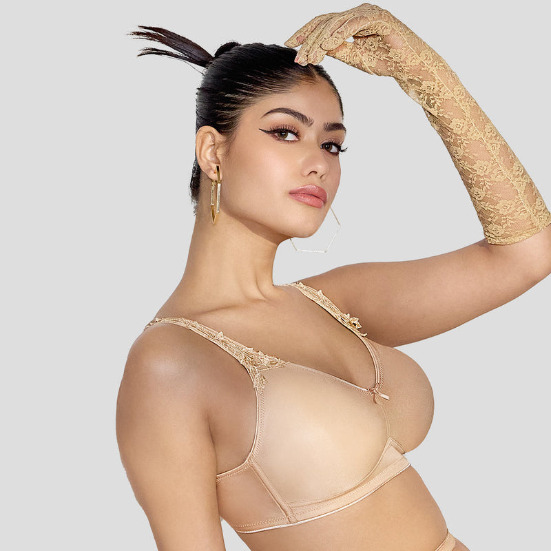 MAROON Quite Bloom Find My Skin Tone Seamless Non-Padded T-Shirt Elevated Coverage Graceful minimizer Structured Shoulder Women Everyday Bra - Caramel