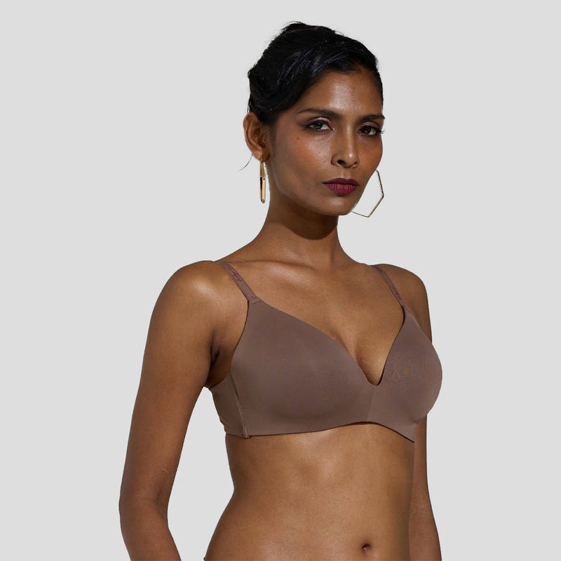 MAROON Velour Lift Find My Skin Tone Seamless Padded Plunge Deeper Cleavage Signature Straps Women Everyday T-Shirt Bra - Chocolate