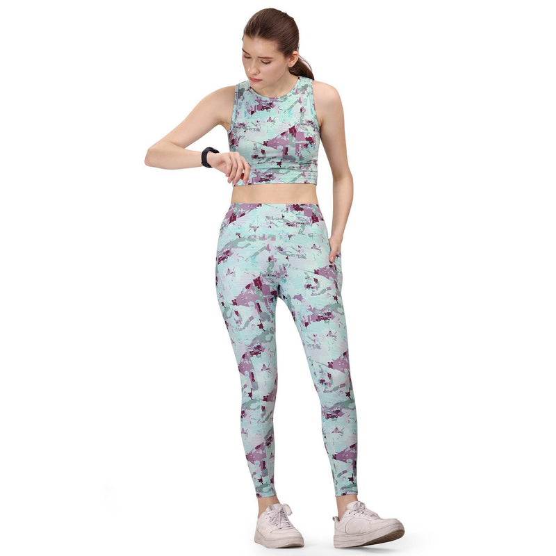 SOIE Woman - Quick-Dry Printed Sleeveless Crop Top & High-Waist Legging Set - Athleisure Set -for Women