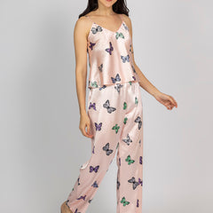Light Pink Satin Butterfly Print Camisole & Pajama Set