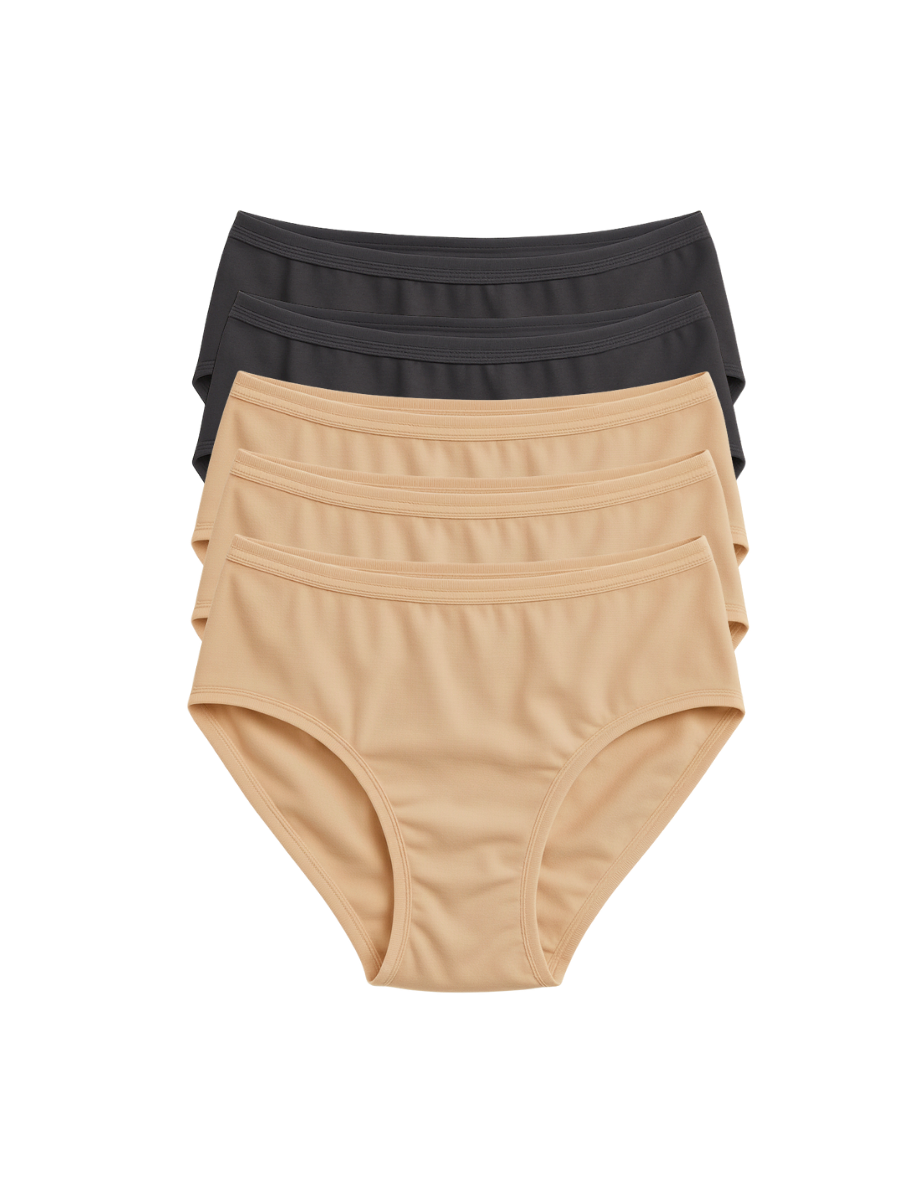 Mid Waist Hipster Panty With Outer Elastic Bundle Of 5 - ( 3 Beige 2 Black )