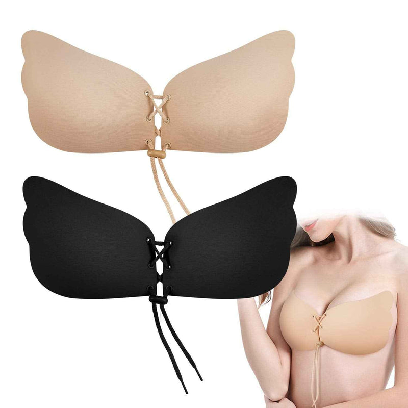 Brachy Pack Of 2 Black And Nude Women Self-Adhesive Strapless Push-Up Silicone Plunge Bra