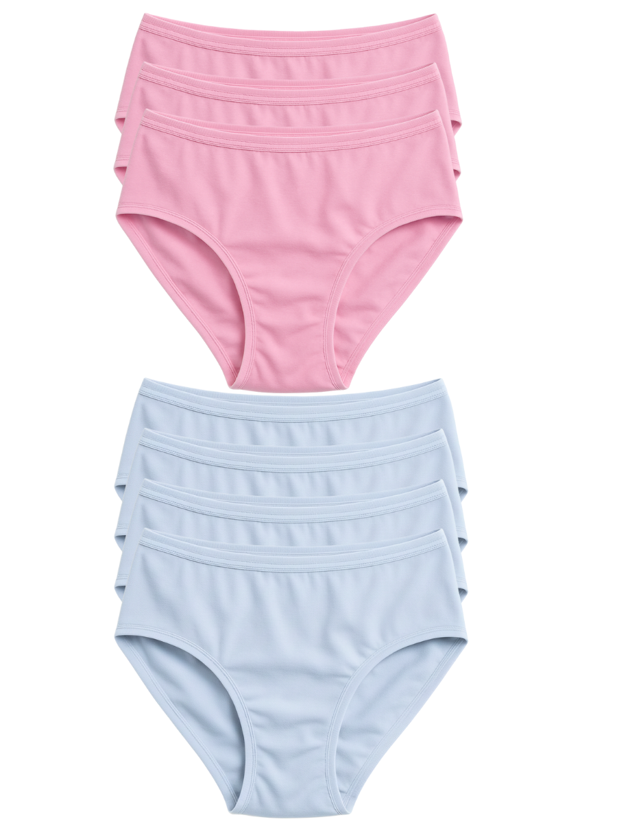 Mid Waist Hipster Panty With Outer Elastic Bundle Of 7 - ( 3 Baby Pink 4 Sky Blue )