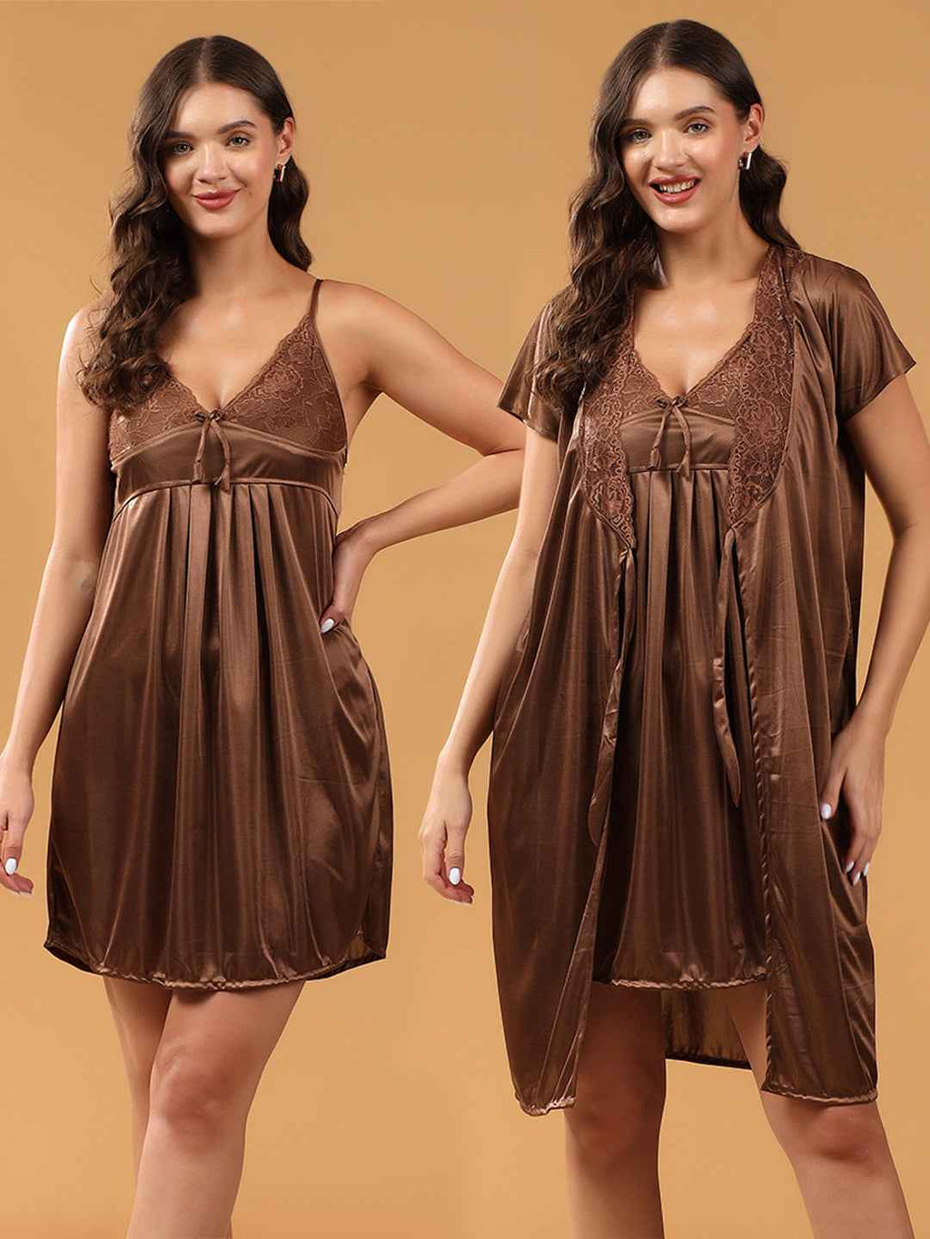 Women 2 Pieces Bridal Brown Satin lace Self Design Night Wear Lingerie Babydoll Set