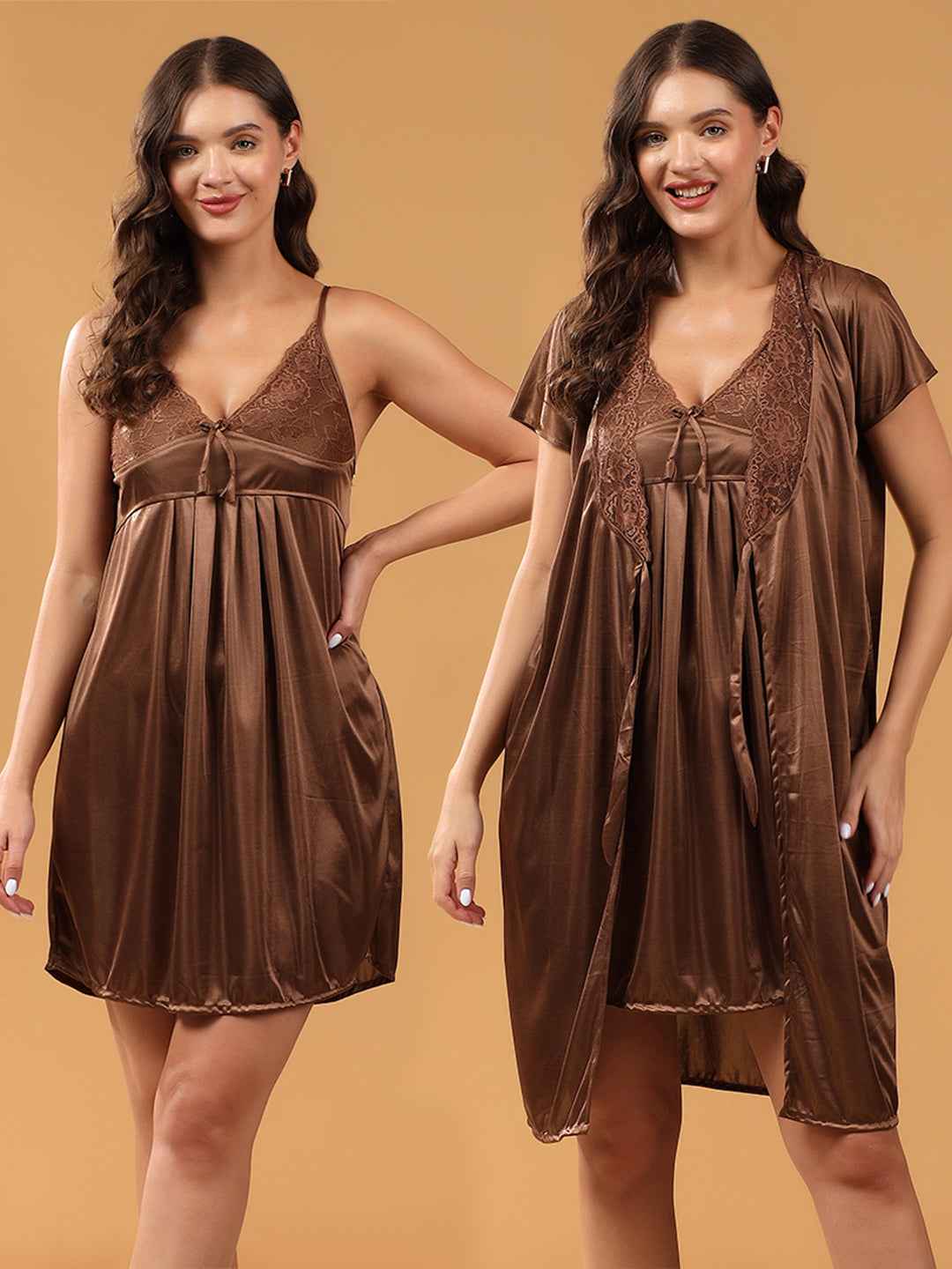 Women 2 Pieces Bridal Brown Satin lace Self Design Night Wear Lingerie Babydoll Set