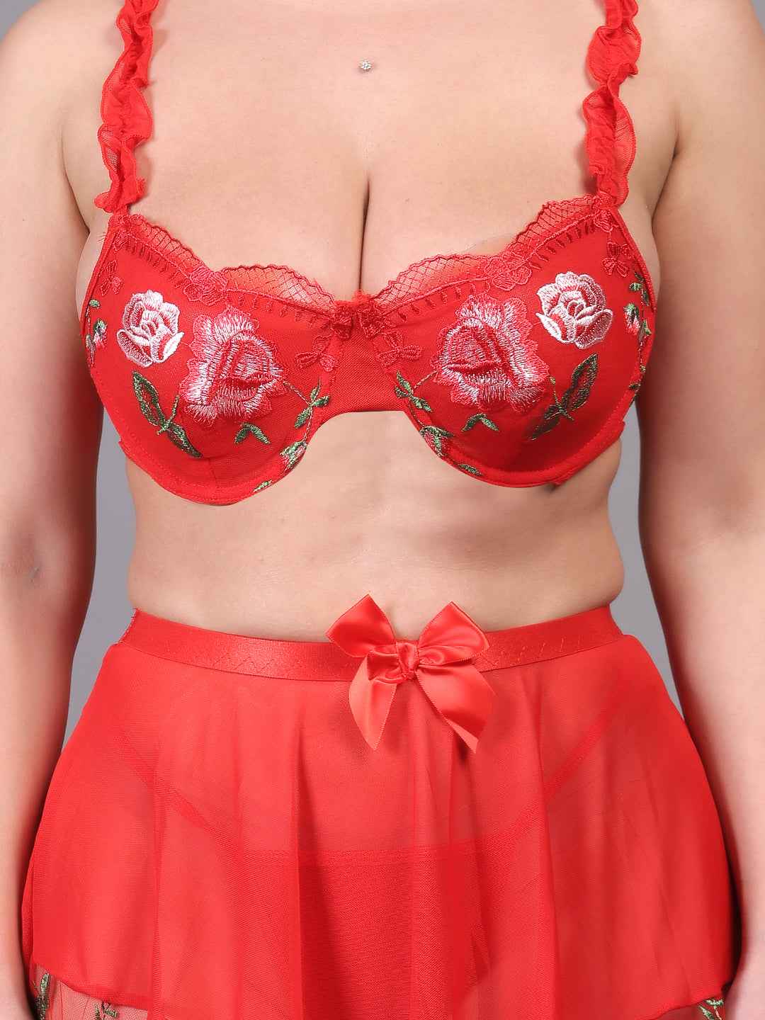 Brachy Women Hot Red Valentines Self Design Nightwear Baby Doll Lingerie