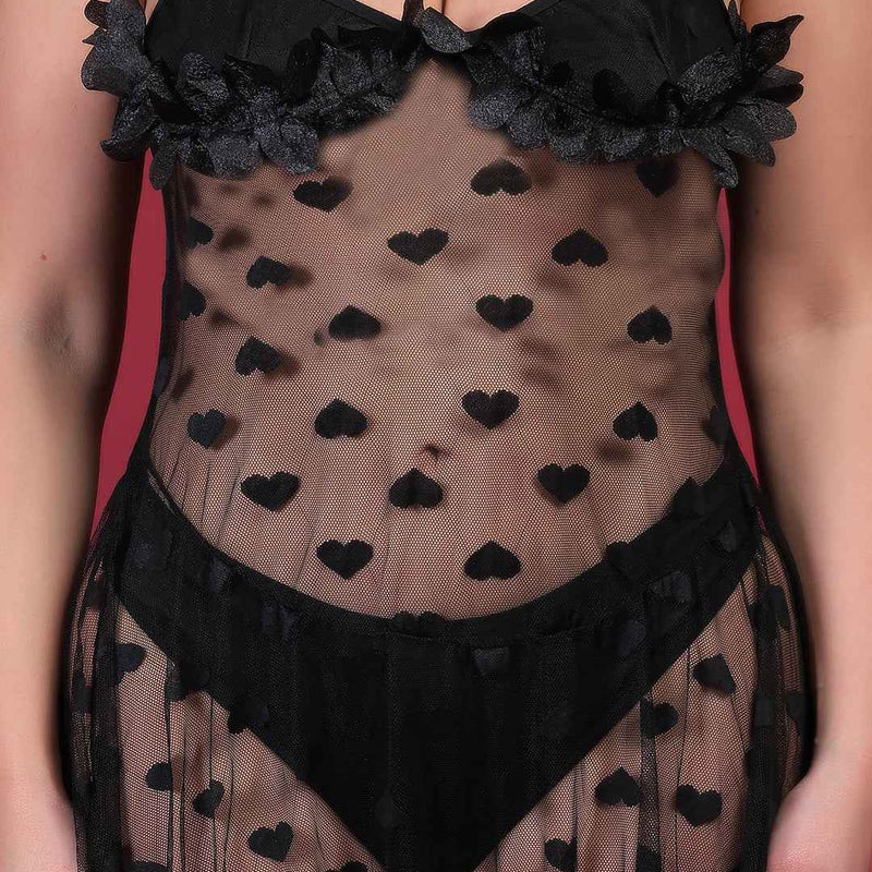 Brachy Women Black Plus Size Self Design Shoulder Straps Lace Baby Doll