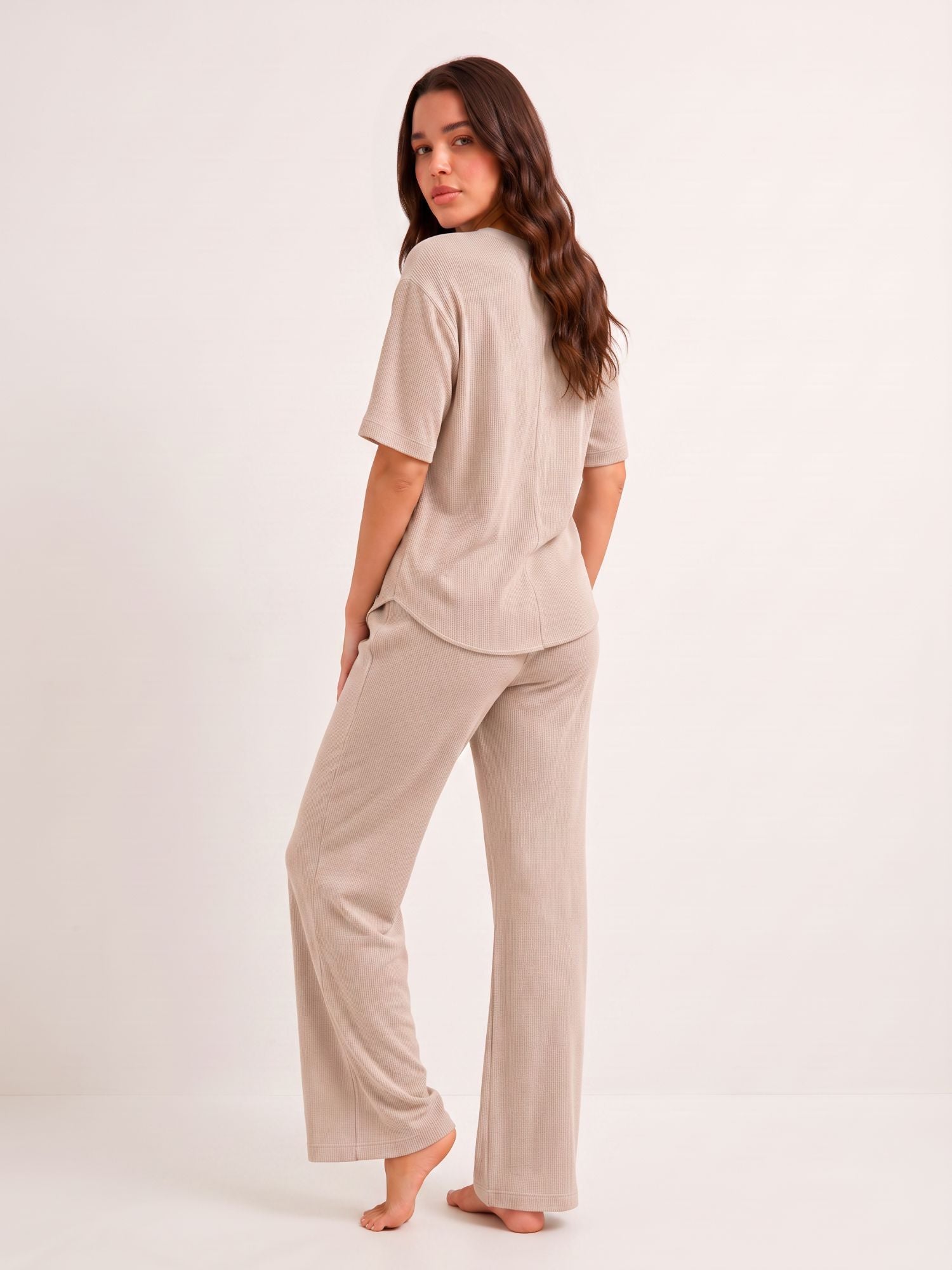 Women’s Premium Beige Waffle Pyjama Set