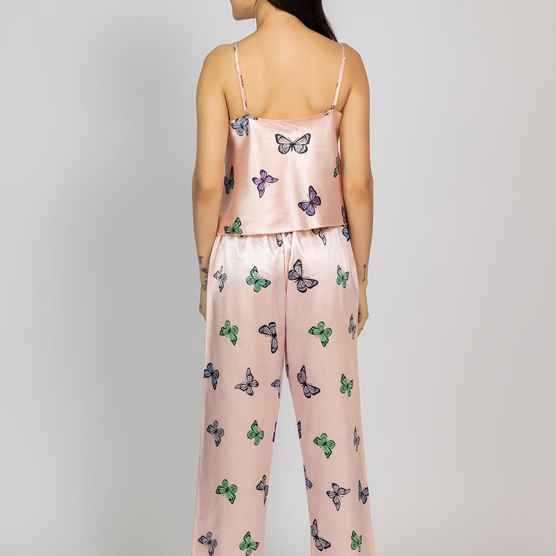 Light Pink Satin Butterfly Print Camisole & Pajama Set