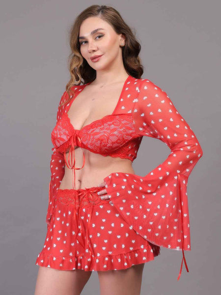 Brachy Women Hot Red Self Design Nightwear Baby Doll Lingerie