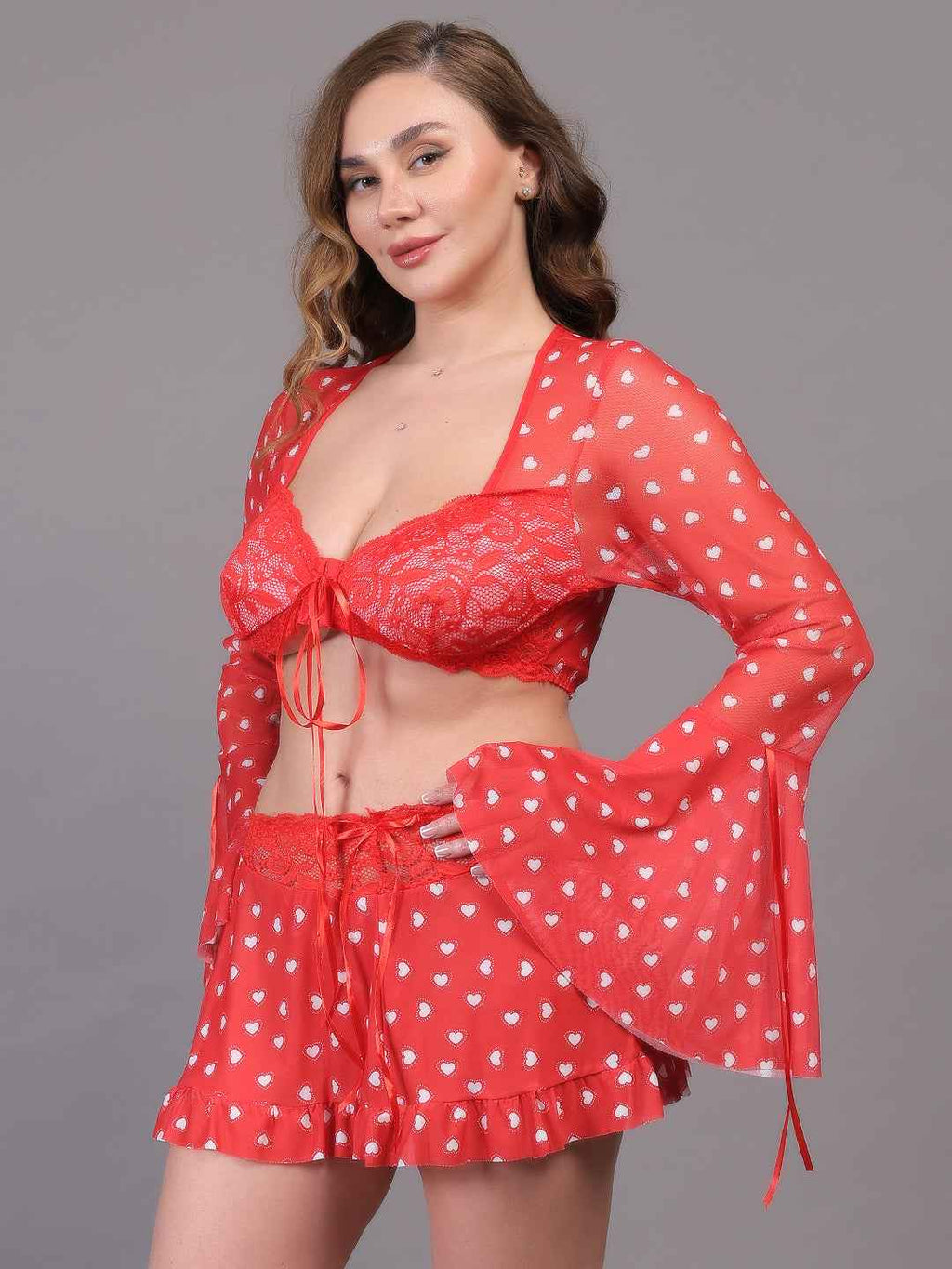 Brachy Women Hot Red Self Design Nightwear Baby Doll Lingerie