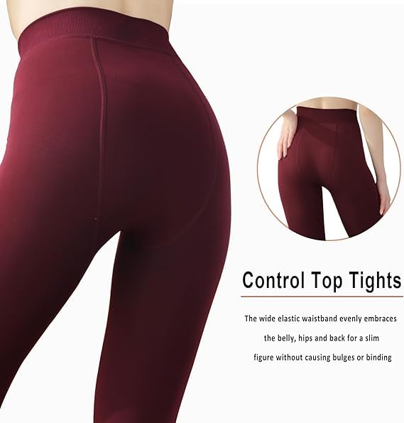 Women Maroon Winter Fur Warm Fleece-Lined Thermal Stretchable Fashion Stockings for Cold Weather. - Brachy